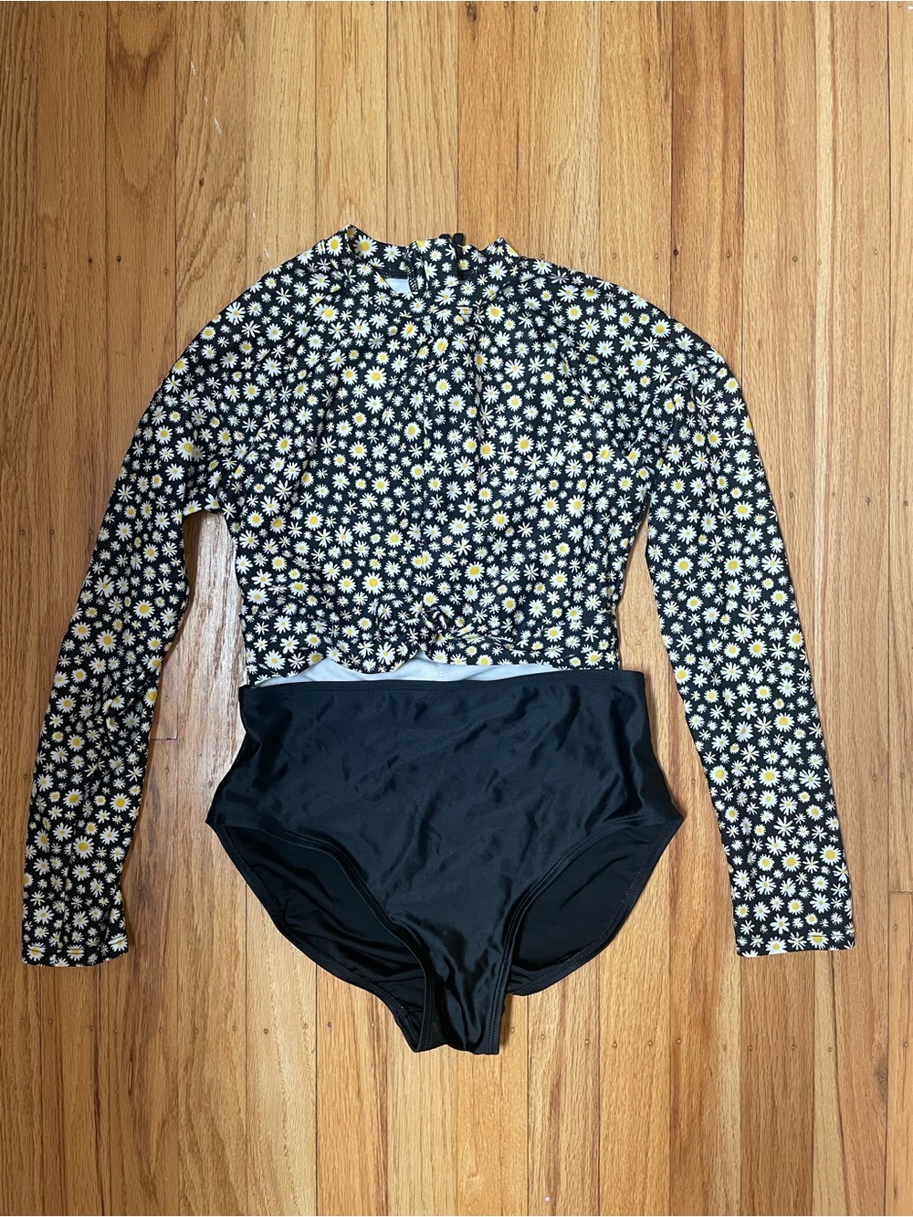 Girls Black Daisy Long-Sleeve One-Piece Swimsuit